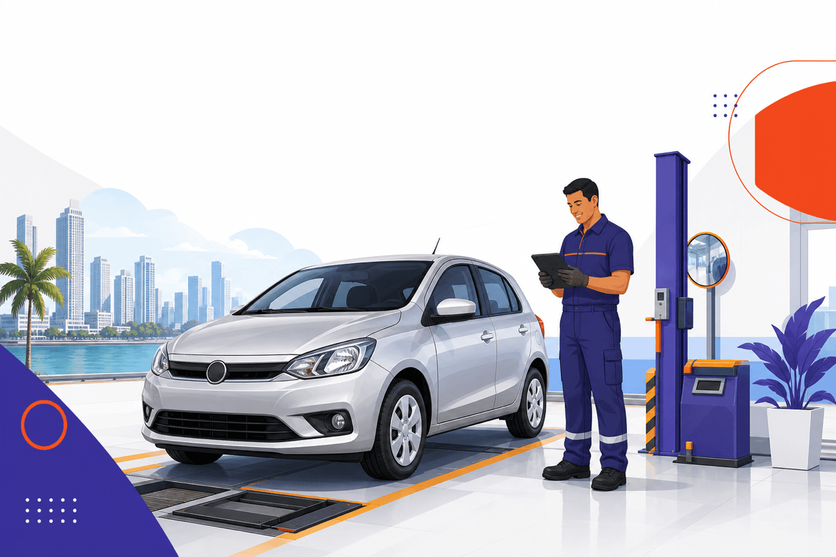 Carro en un taller autorizado para revisado vehicular en Panamá con un técnico revisándolo