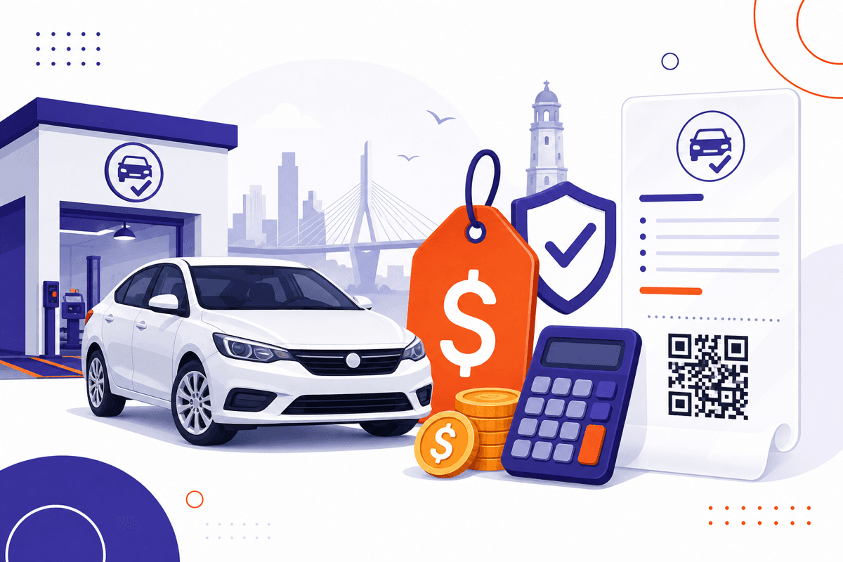 Ilustración del costo del revisado vehicular en Panamá con un carro, etiqueta de precio y comprobante con QR