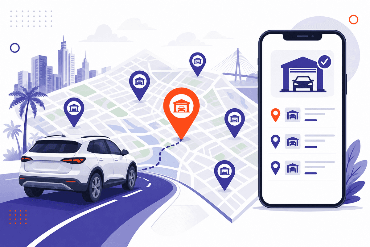 Mapa de Panamá con talleres autorizados para el revisado vehicular y un teléfono mostrando los más cercanos